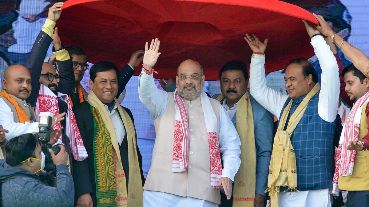AGP pulled out of the BJP-led government in Assam in January 2019, after the saffron party refused to step back on the CAA. Two months later, the regional party, surprisingly, was back to the alliance at a time the anti-CAA agitation was building up. Union Home Minister Amit Shah being presented a traditional Assamese 'japi' during BJP's Bijoy Sankalpo Samabhekh public rally in Nalbari, Assam, Sunday, January 24, 2021.  Credit: PTI File Photo