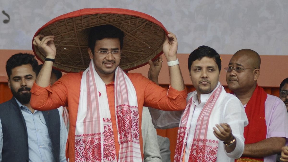 Likening the opposition Congress and the AIUDF to the Mughals, Bharatiya Janata Yuva Morcha (BJYM) national president Tejasvi Surya claimed that the two parties need to be defeated in the upcoming Assembly polls to save the language, culture and heritage of Assam. Tejasvi Surya being felicitated with an Assamese japi at Yuva Samaroh programme, in Dibrugarh, Sunday, February 28, 2021. Credit: PTI File Photo