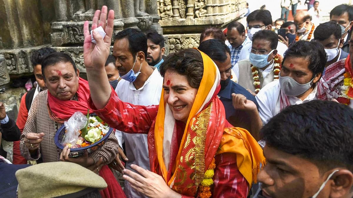 All India Congress Committee (AICC) General Secretary Priyanka Gandhi Vadra at Kamakhya Temple, during her visit to Assam ahead of state Assembly polls, in Guwahati, Monday, March 1, 2021. Credit: PTI File Photo