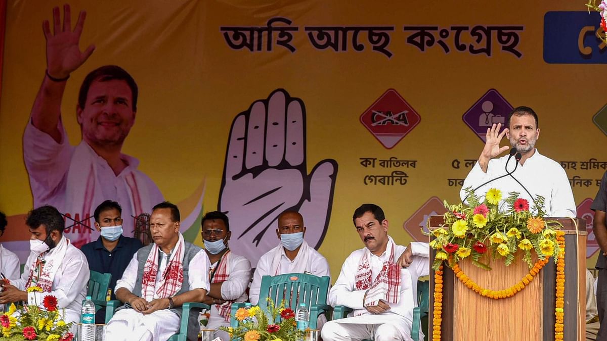 Congress leader Rahul Gandhi alleged that the BJP-led government at the Centre was handing over public sector companies to two-three richest industrialists of the country at an election campaign rally, ahead of the Assam Assembly polls, at Mariani in Jorhat, Saturday, March 20, 2021. Credit: PTI File Photo
