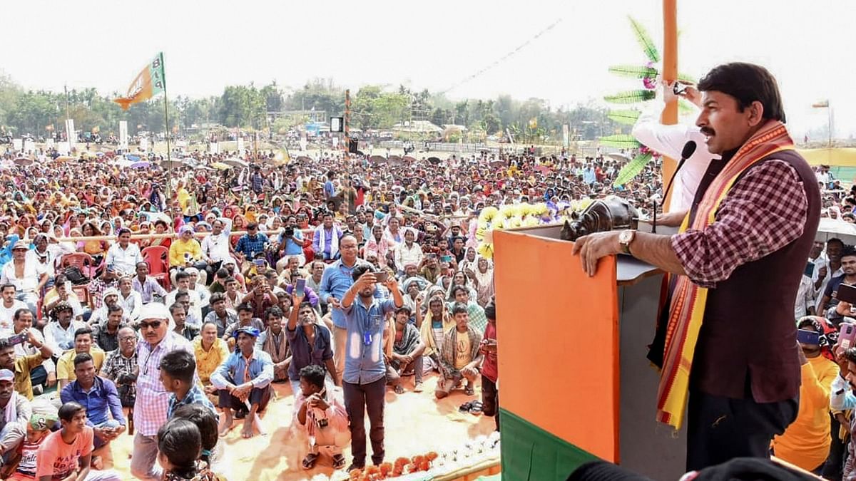 Bharatiya Janata Party (BJP) leader Manoj Tiwari addresses during an election campaign rally, ahead of Assam Assembly polls, at Silchar in Cachar district, Sunday, March 21, 2021. Credit: PTI File Photo