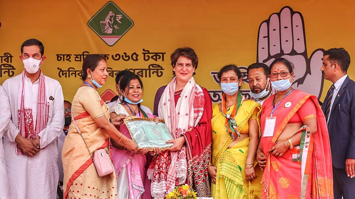 Congress leader Priyanka Gandhi during an election campaign rally ahead of Assam Assembly polls, in Jorhat district, Sunday, March 21, 2021. Credit: PTI File Photo