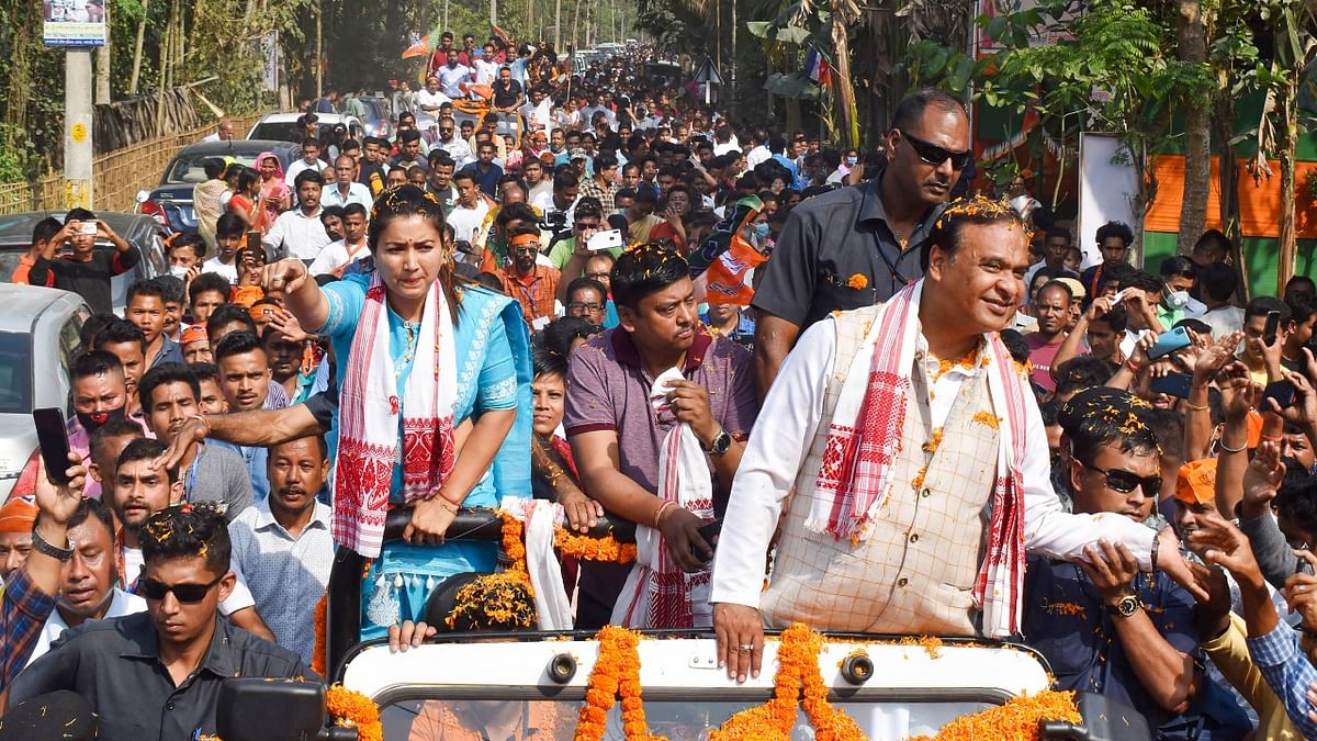 BJP leader Himanta Biswa Sarma greets supporters during an election campaign rally in support of party candidate Angorlata Deka from Batadrava seat, ahead of Assam Assembly polls, at Jajori in Nagaon district, Monday, March 22, 2021. Credit: PTI File Photo