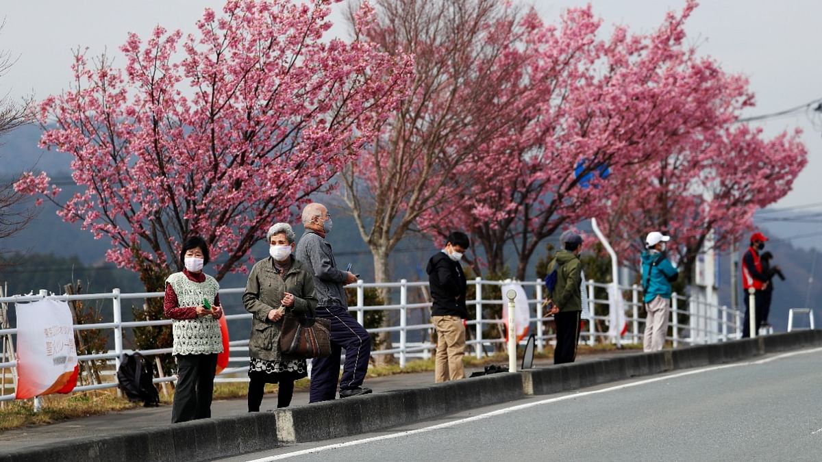 Cherry Blossom were seen in full bloom along the route of the Tokyo 2020 Olympic torch relay. Credit: Reuters