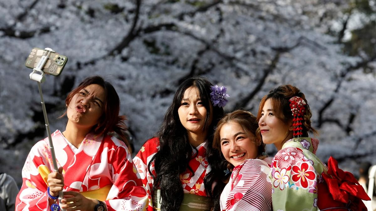Kimono-clad women were seen getting selfies clicked with the cherry blossoms. Credit: Reuters Photo