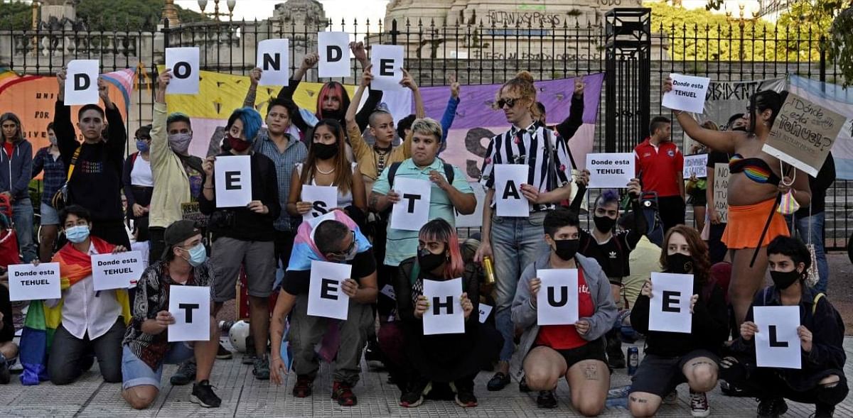 Members of the LGBTI community hold letters reading “Where is Tehuel?”, referring to Tehuel de la Torre, a transgender man who dissapeared on March 11, during a demonstration on the International Transgender Day of Visibility (TDOV) outside the Congress in Buenos Aires. Credit: AFP photo.