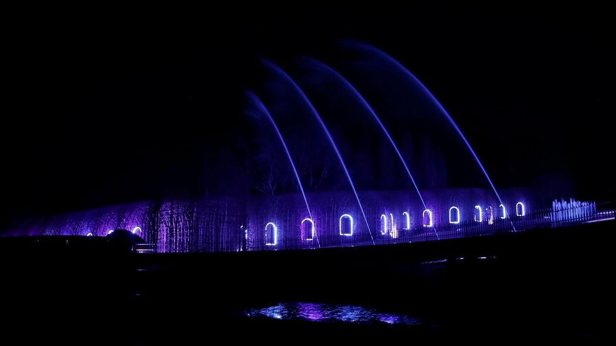 The Alnwick Gardens fountain is lit purple to pay tribute to Britain's Prince Philip, husband of Queen Elizabeth, who died at the age of 99 in Alnwick, Northumberland. Credit: Reuters photo