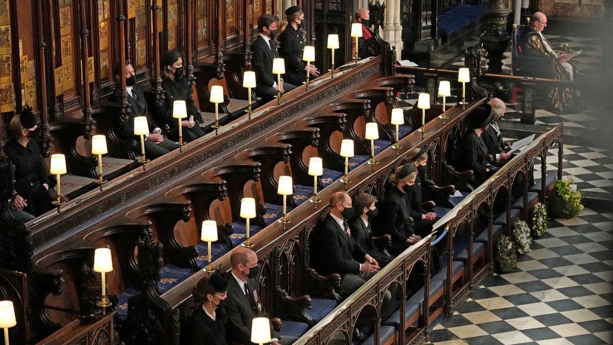 Mourners at the ceremony in Windsor Castle, including Prince Charles and his sons Princes William and Harry, were limited in number and separated due to Covid-19 rules. Credit: Reuters Photo