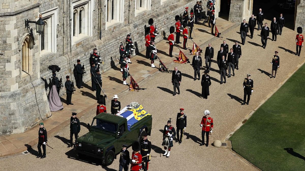 Members of the Royal Family marched behind the coffin of Britain's Prince Philip, Duke of Edinburgh during the ceremonial funeral procession to St George's Chapel. Credit: AFP Photo