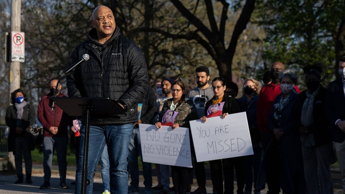 Congressman Andre Carson (D-IN) gives a speech during a vigil to mourn the eight murdered FedEx Ground employees at Krannert Park on April 17, 2021 in Indianapolis, Indiana. Credit: AFP photo
