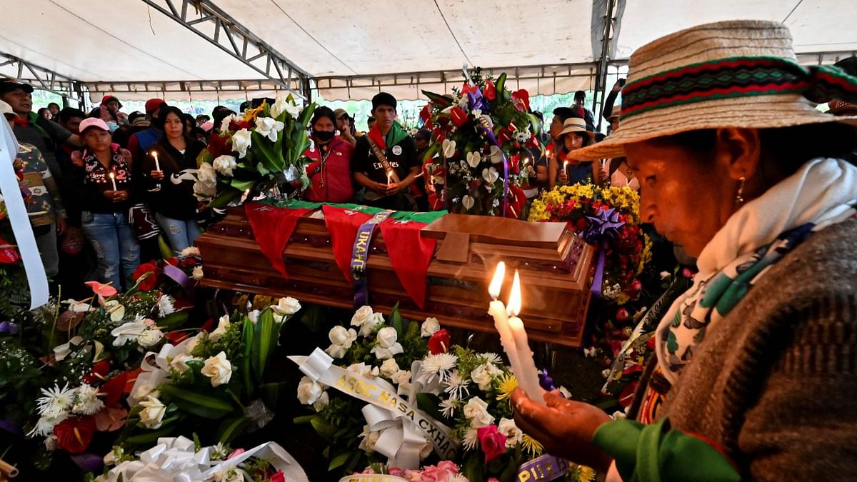 An indigenous woman is seen during the funeral of Sandra Liliana Pena, indigenous governor of La Laguna Siberia, in El Porvenir, Colombia, on April 23, 2021. Credit: AFP Photo