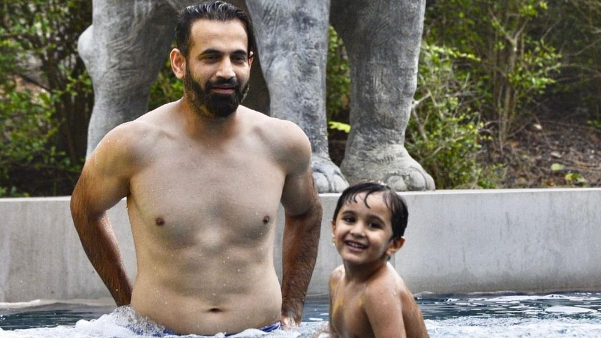 Cricketer Irrfan Pathan having fun in the pool with his son. Credit: Instagram/irfanpathan_official