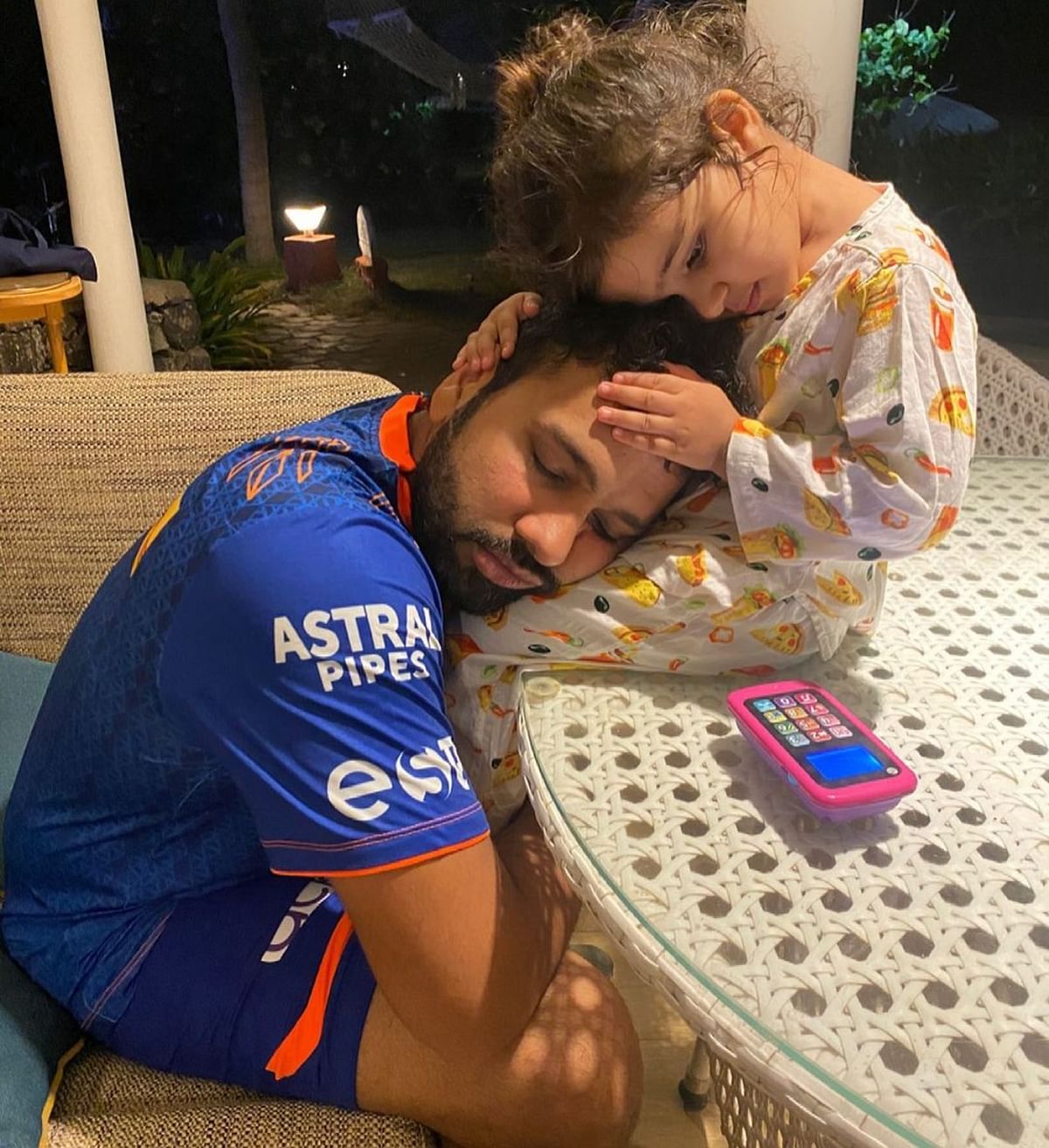 On Rohit Sharma's 34th birthday, Ritika shared an adorable picture of him sharing a priceless moment with his daughter. Credit: Instagram/ritssajdeh