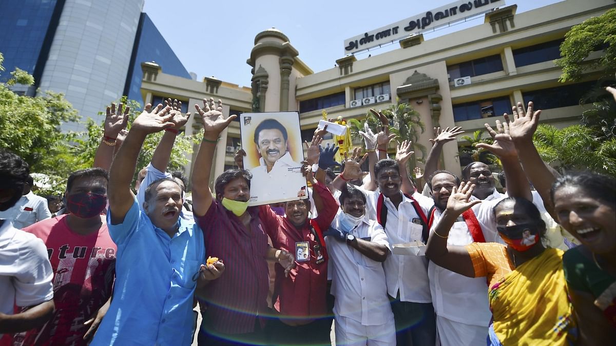 DMK workers and supporters were seen celebrating in the large numbers outside Anna Arivalayam, the party's headquarters,  in Chennai.