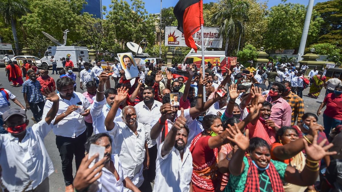DMK Party workers celebrate the Tamil Nadu Assembly polls results, in Chennai. Credit: PTI