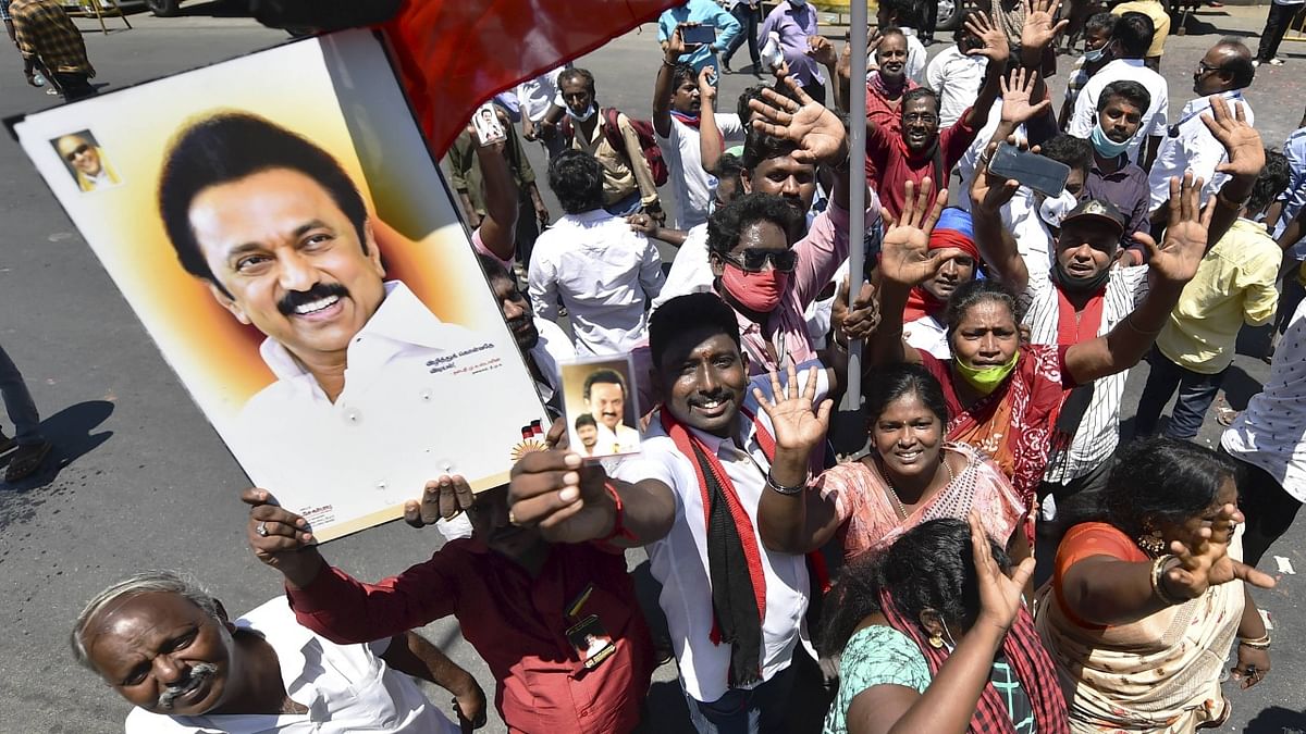 DMK Party workers celebrate the Tamil Nadu Assembly polls results, in Chennai. Credit: PTI