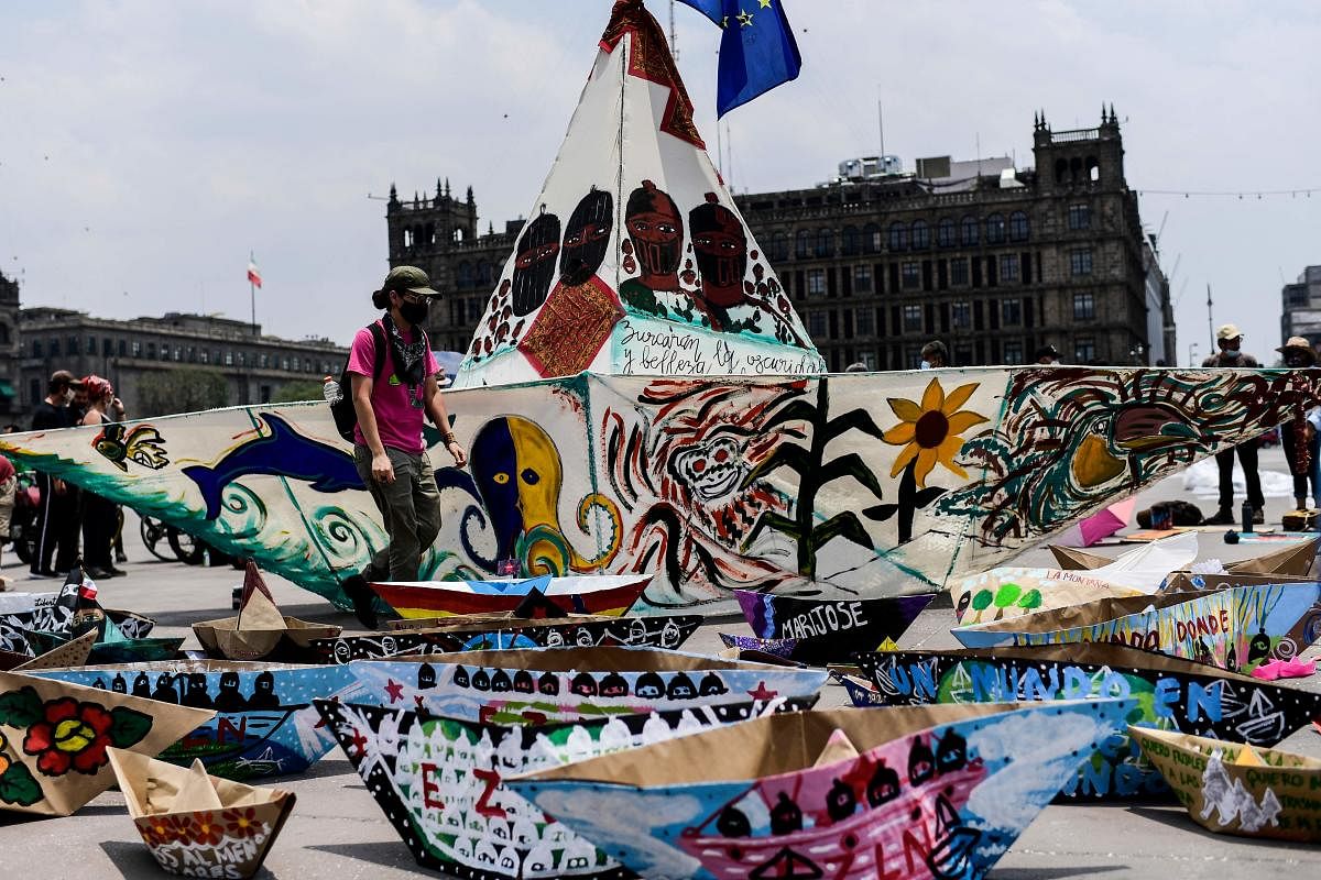 View of boats made of wire structure and paper as activists take part in a cultural and informative event about the delegation of the Zapatista Army of National Liberation (EZLN) former guerrilla, which will depart on the