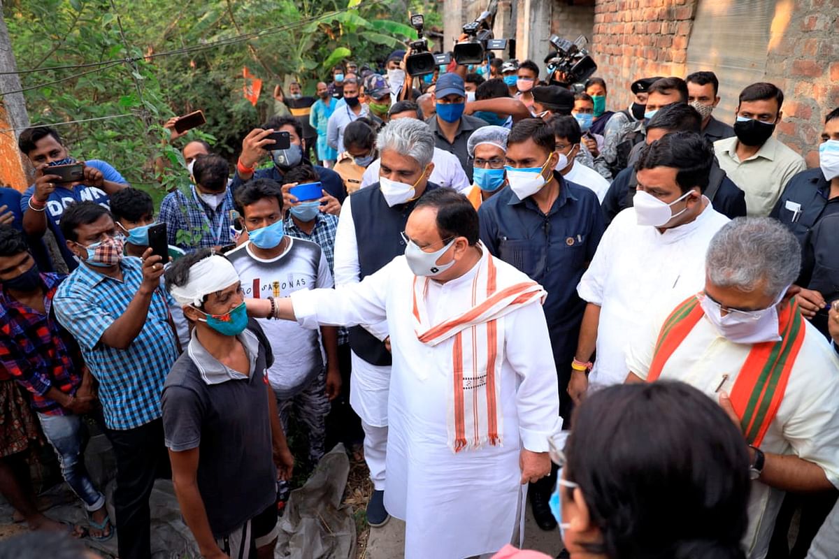 BJP National President JP Nadda accompanied by party leaders meets post-poll violence victims, in Sonarpur, Bengal.