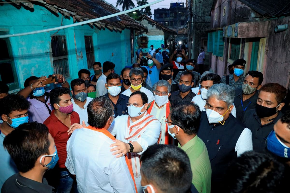 BJP National President JP Nadda accompanied by party leaders meets post-poll violence victims at Sitala Tala Lane, Beliaghata Assembly, Kolkata.