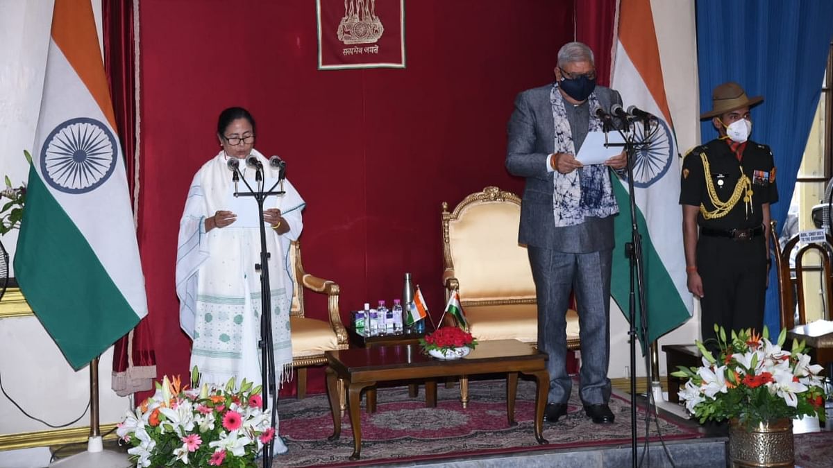 Trinamool Congress (TMC) chief Mamata Banerjee takes oath as the Chief Minister of West Bengal for the third consecutive term in an unembellished function at Raj Bhavan in Kolkata on May 5.