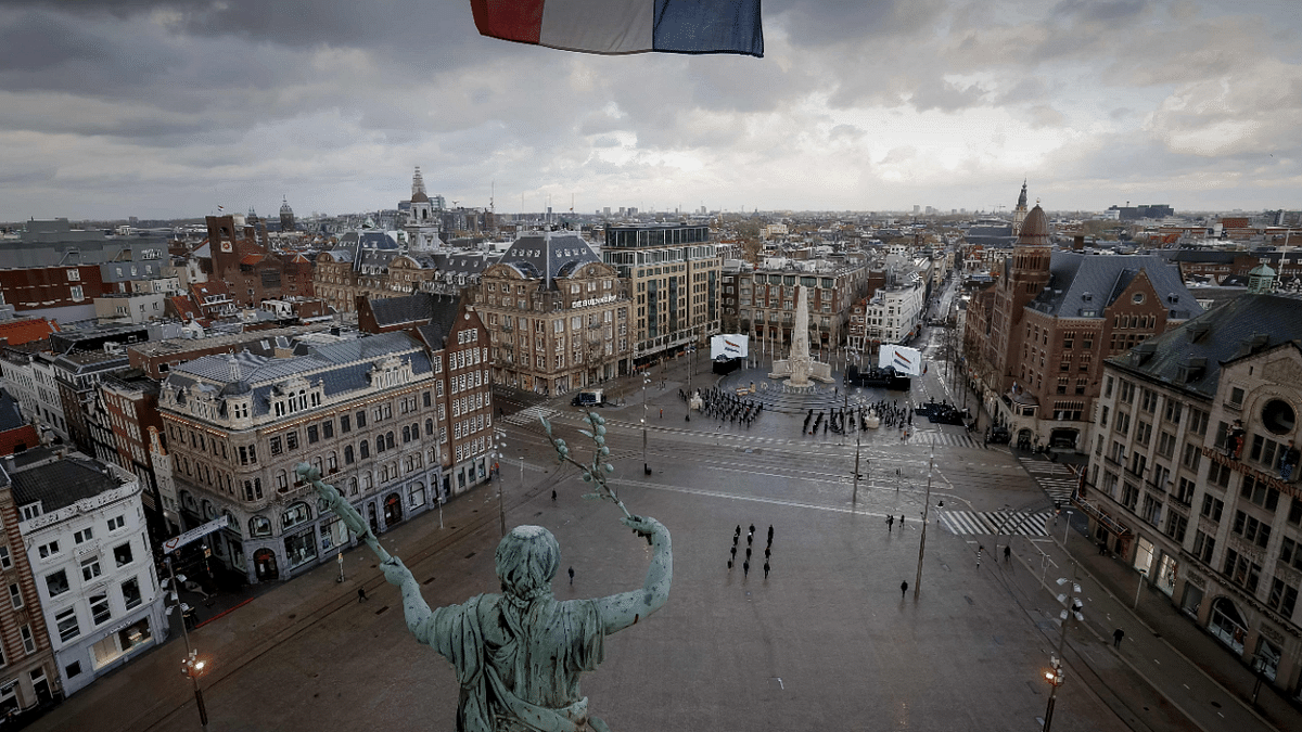 The Dam Square is pictured during a ceremony marking the National Remembrance Day held without audience due to the Covid-19 pandemic in Amsterdam on May 4, 2021. Credit: AFP Photo