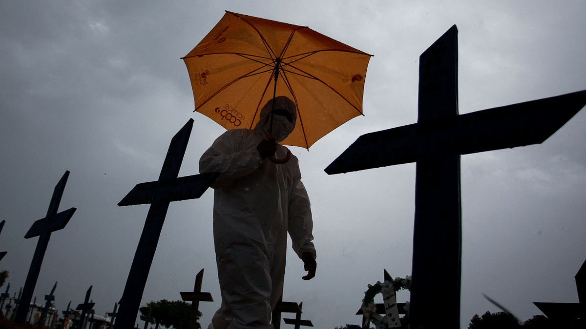a worker wearing a protective suit and carrying an umbrella walks past the graves of COVID-19 victims at the Nossa Senhora Aparecida cemetery, in Manaus, Brazil. Credit: AFP Photo