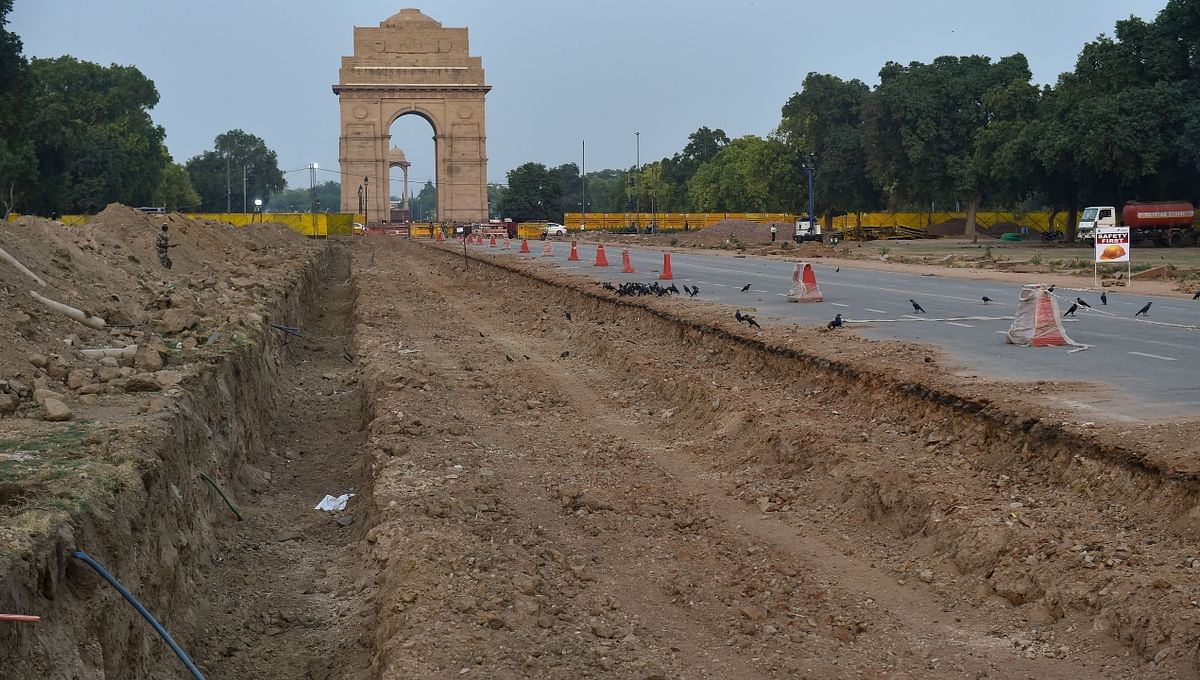 Construction work in full swing as part of the Central Vista Redevelopment Project, at Rajpath in New Delhi.