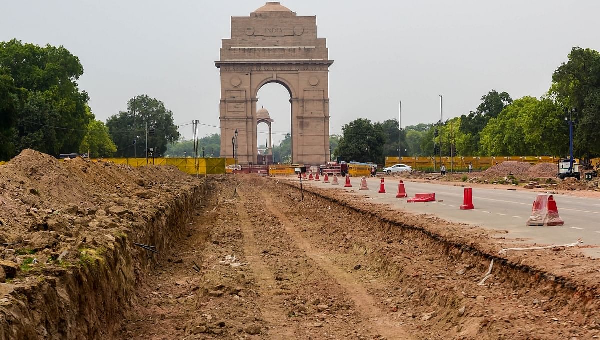Construction work underway as part of the Central Vista Redevelopment Project, at Rajpath in New Delhi.