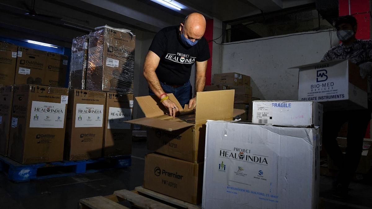 Anupam Kher takes part in an initiative to provide ventilators, oxygen concentrator and other essential equipment around India as part of 'Project Heal India' to fight against the Covid-19 coronavirus pandemic, in Mumbai.