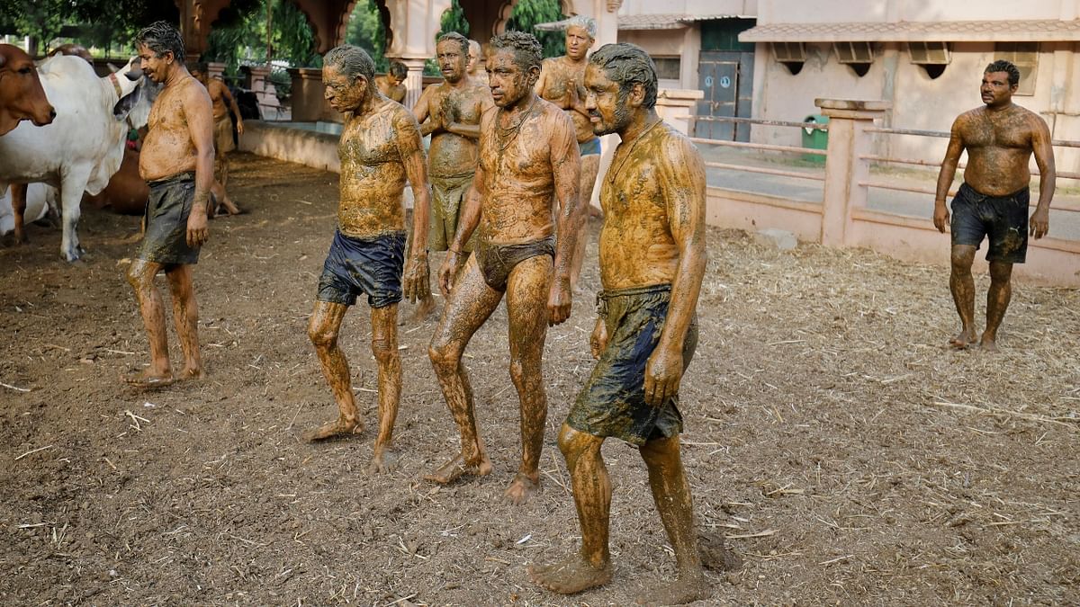 People walk after applying cow dung on their bodies during