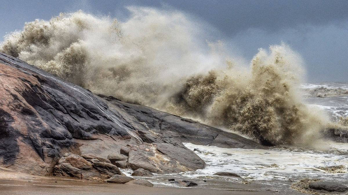 High waves crash a shore near Someshwara Temple as Cyclone Tauktae approach the Karnataka coast.