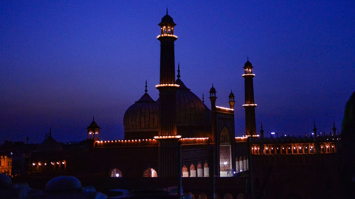 An illuminated Jama Masjid on the eve of Eid-al-Fitr, in Delhi.
