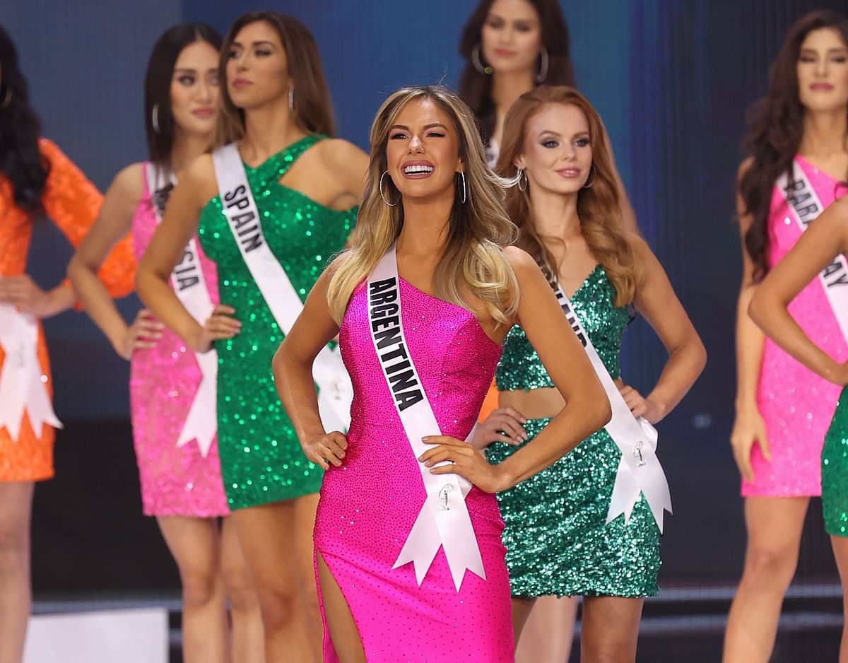 Miss Universe Argentina Alina Akselrad gets clicked on the stage during the Miss Universe 2020 pageant.