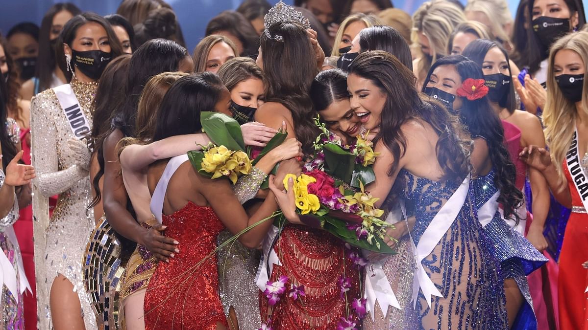 Miss Universe 2020 Andrea Meza gets warm greetings from the participants during the the Miss Universe 2020 Pageant in Hollywood, Florida.