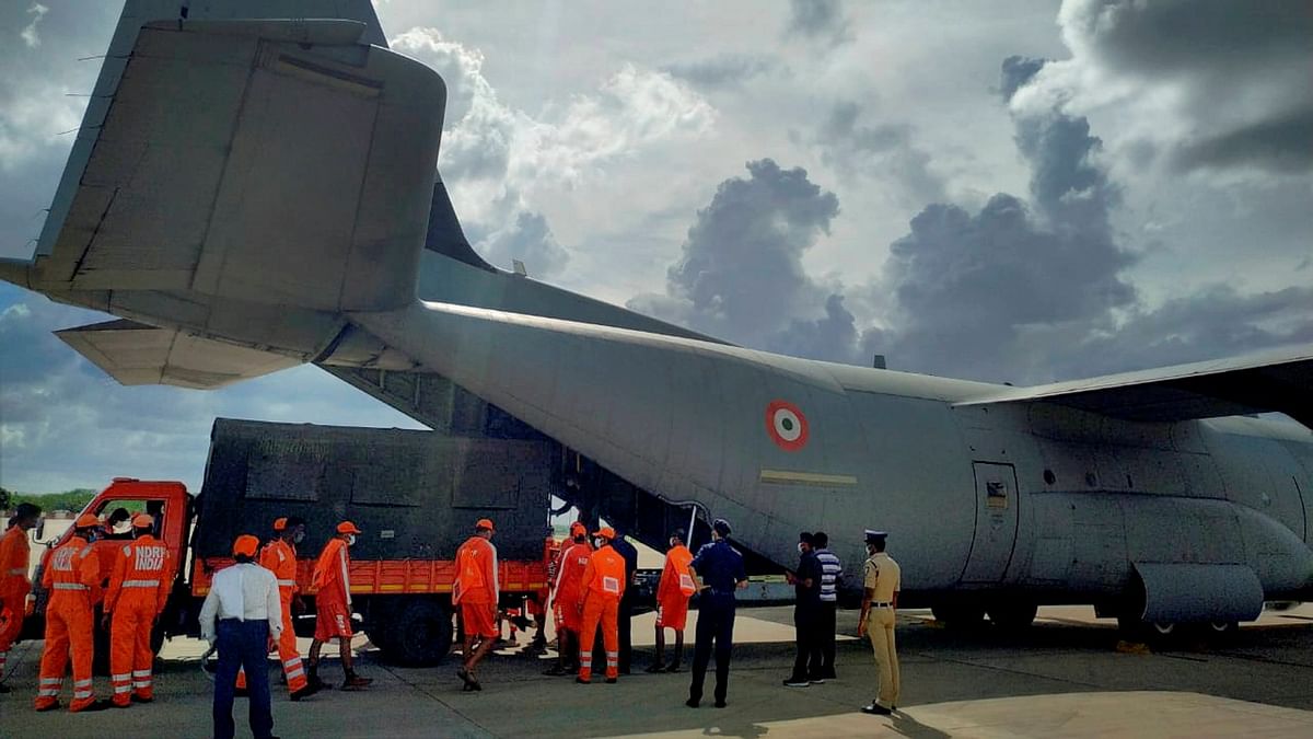 An IAF plane deployed to carry NDRF personnel and tonnes load to Ahmedabad as part of preparations for Cyclone Tauktae. Credit: PTI