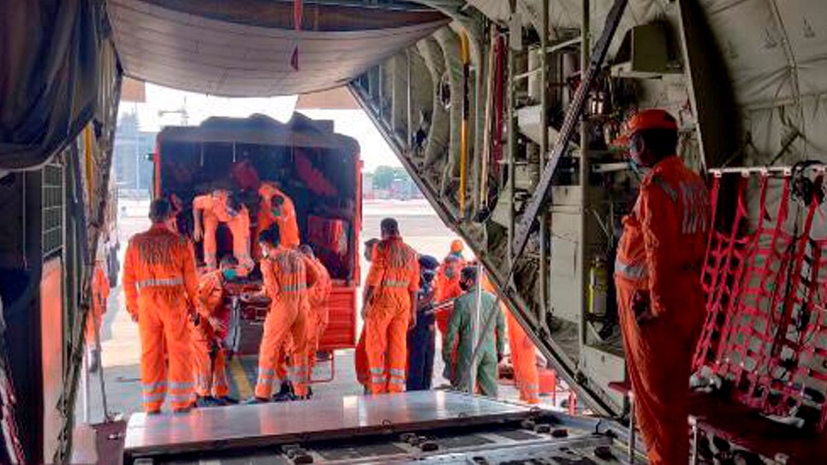 An IAF plane deployed to carry NDRF personnel and tonnes load to Ahmedabad as part of preparations for Cyclone Tauktae. Credit: PTI