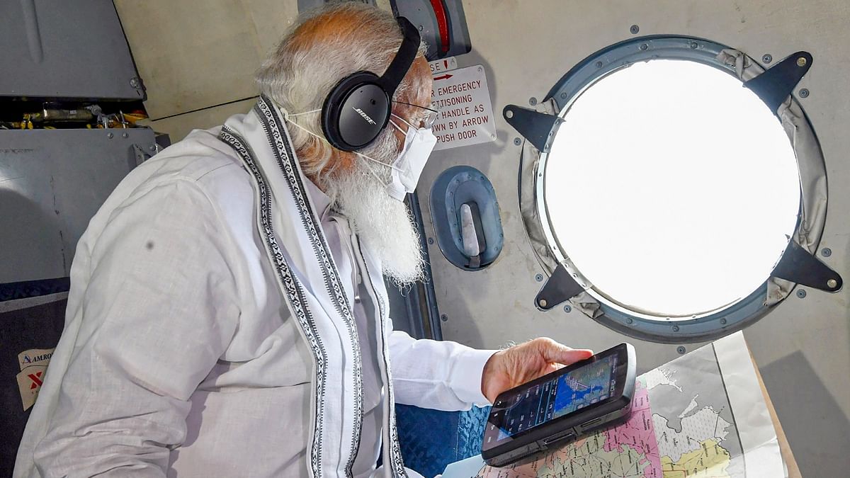 Prime Minister Narendra Modi makes an aerial survey to review the situation and damage due to Cyclone Tauktae, in Gujarat and Diu.