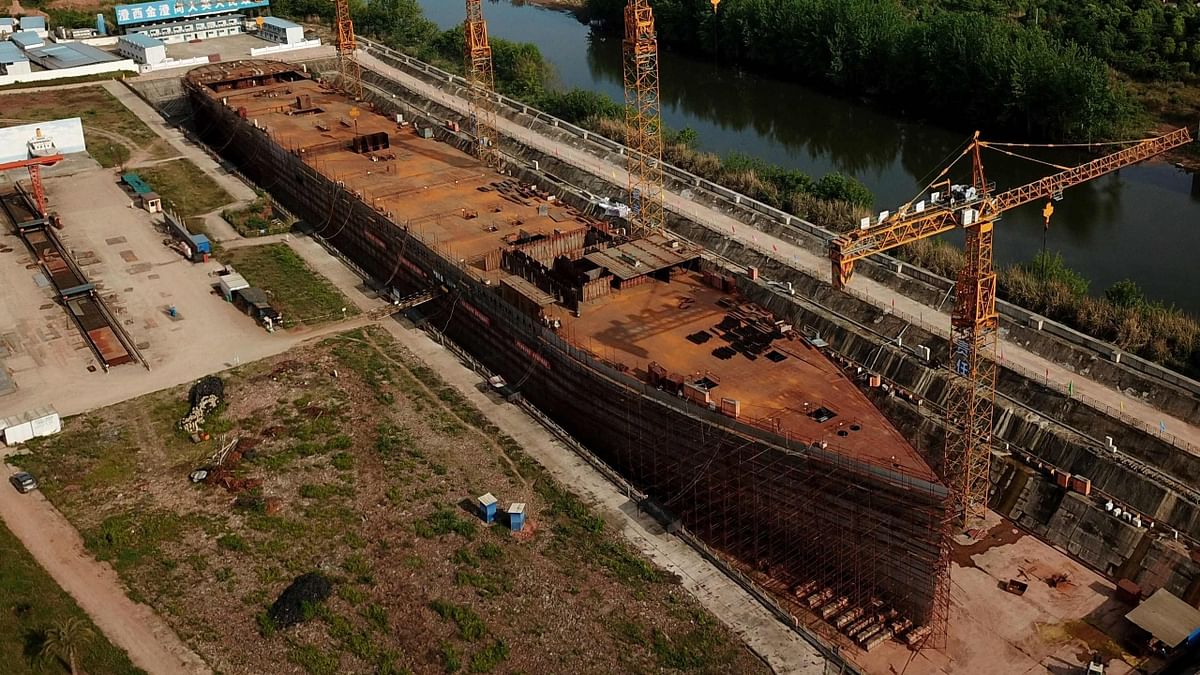 An aerial photo of a still-under-construction replica of the Titanic ship in Sichuan, China.