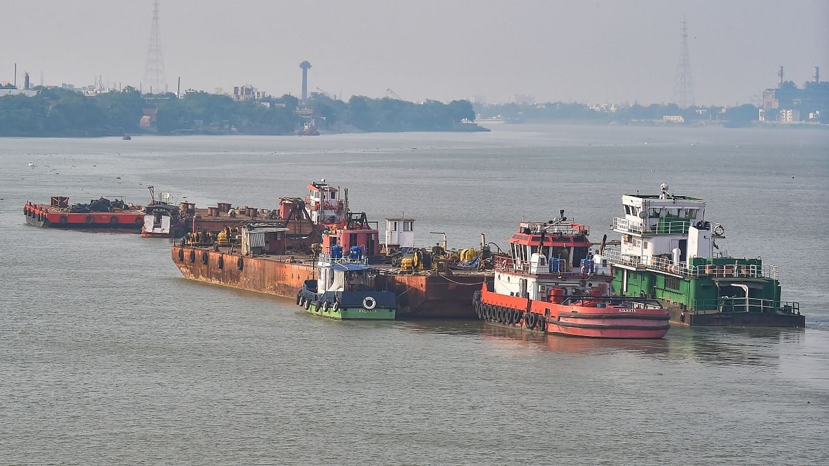 Vessels anchored in River Ganga as a part of preparation for cyclone 'Yaas' in Kolkata. Credit: PTI Photo