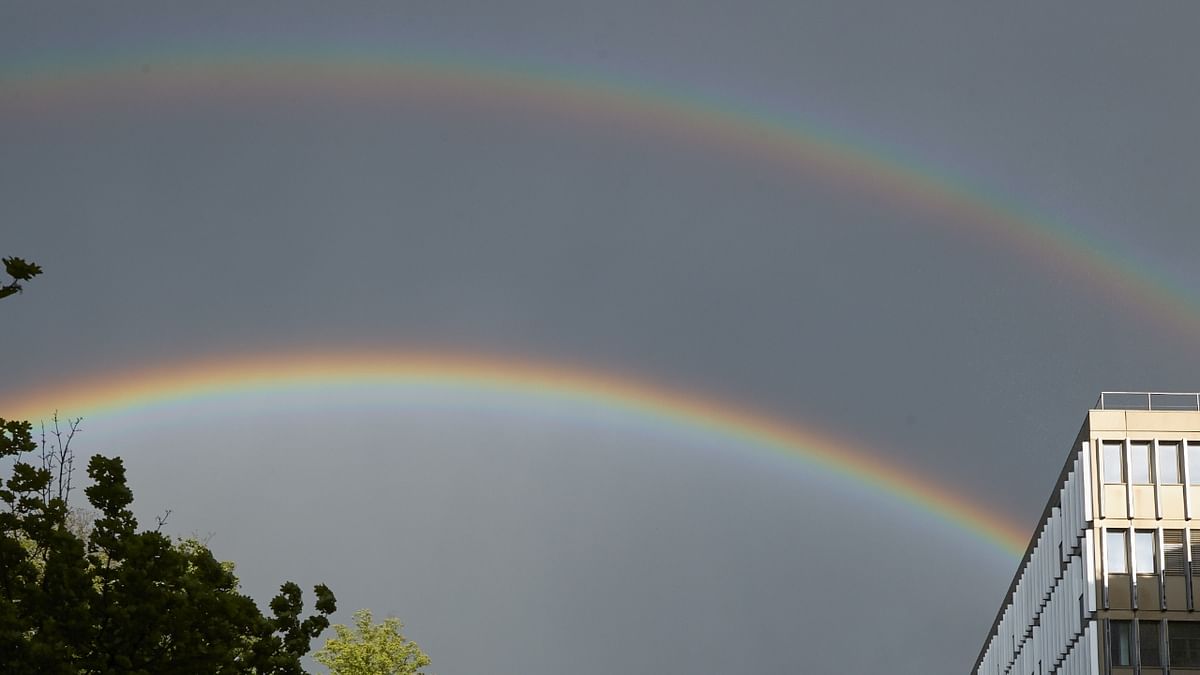 A double rainbow is pictured on a spring evening in Lausanne, Switzerland.