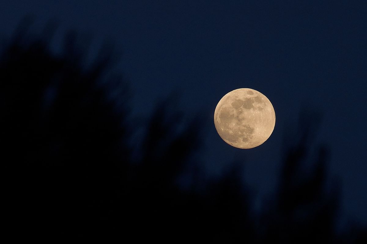 A photo taken on May 25, 2021 shows the full moon, known as the Super Moon, rising behind the trees over the Mediterranean Sea seen from Roca Llisa on the Spanish Island of Ibiza during a total lunar eclipse visible in Asia and the Americas. Credit: AFP Photo
