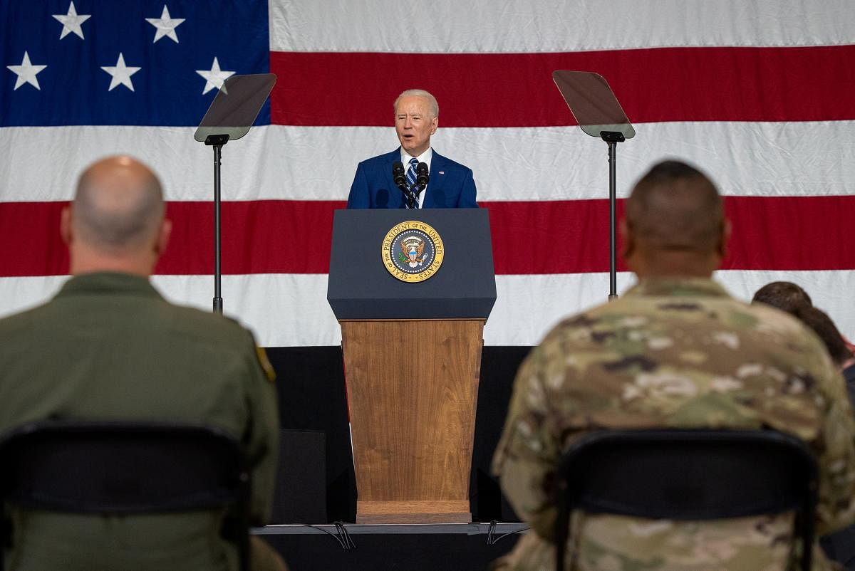 US President Joe Biden delivers remarks at Joint Base Langley-Eustis in Hampton, Virginia, US. Credit: Reuters Photo