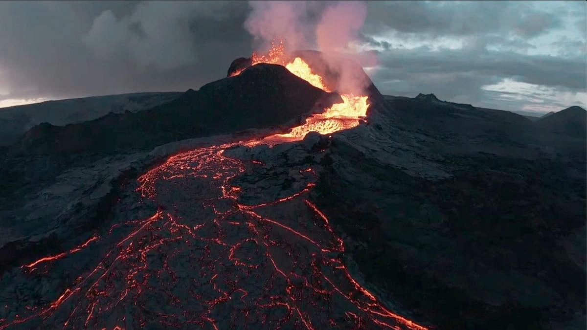 Lava flowing from the volcano at Fagradalsfjall, Reykjanes Peninsula, Iceland is seen in this still frame from a drone video. Credit: Reuters Photo