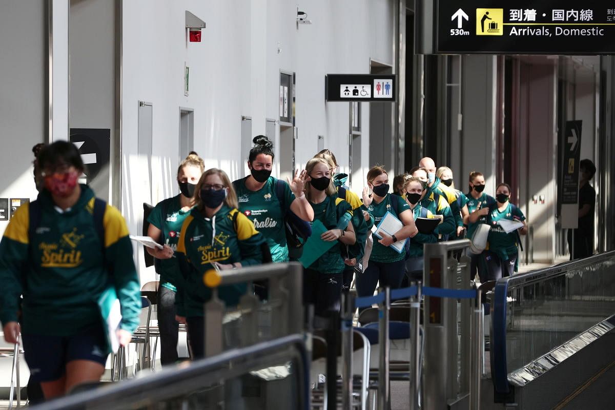 Australian softball national team players arrive at Narita Airport in Chiba prefecture, Japan. Credit: Reuters Photo