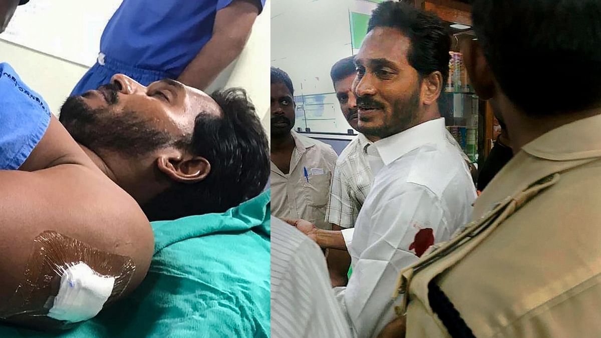YSR Congress Party President YS Jaganmohan Reddy was stabbed at Visakhapatnam Airport in 2018. Reddy was provided first aid at the airport lounge. Credit: PTI Photo