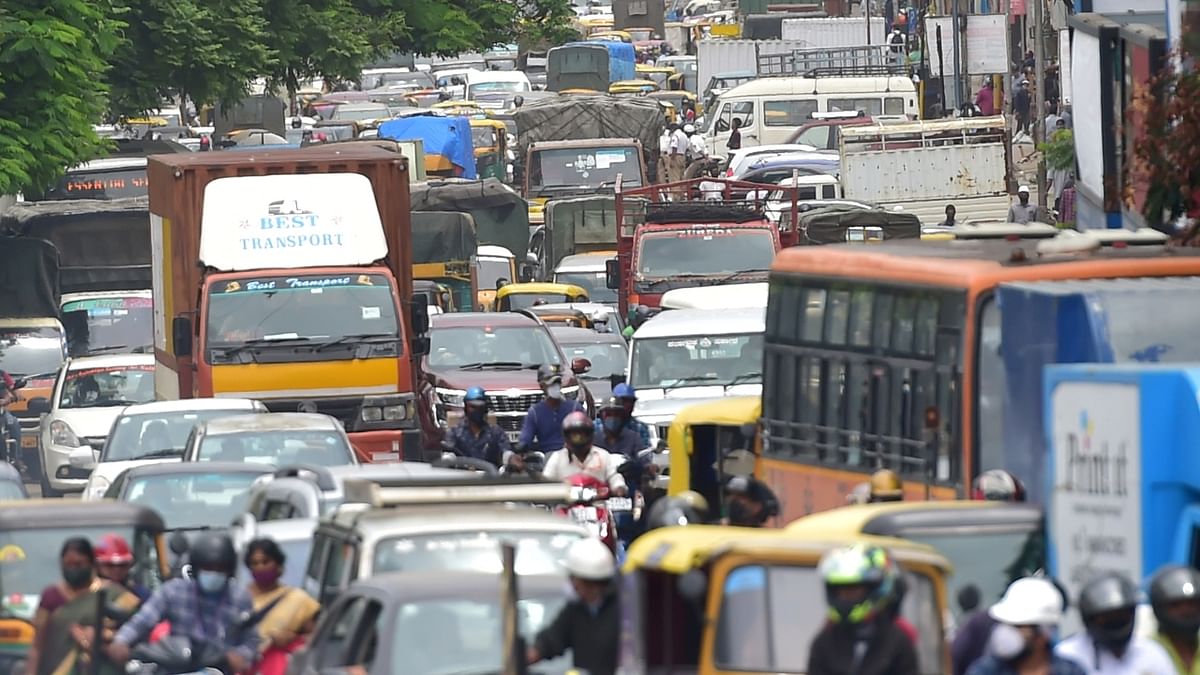 The notorious traffic snarls returned to haunt Bengaluru as the lockdown curbs imposed more than a month ago to contain Covid-19 were eased on June 14, 2021. Credit: PTI Photo