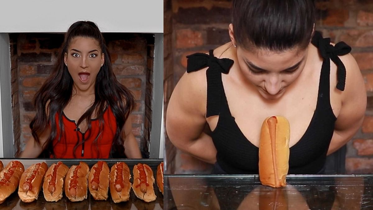 Leah Shutkever has managed to set a Guinness World Record by eating a hot dog without using her hands in just 18.15 secs. Credit: Instagram/guinnessworldrecords