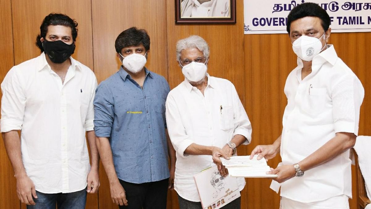 Producer Mohan and his sons, Mohanraja and Jayam Ravi, met Tamil Nadu Chief Minister MK Stalin and donated Rs 10 lakh to the Chief Minister's Relief Fund.