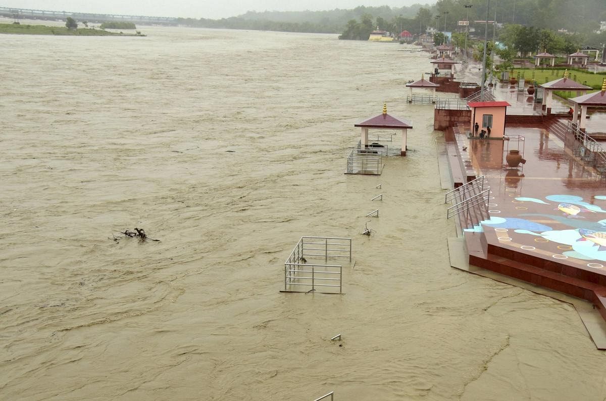 An aerial view of flooded Ganga Ghat due to rise in water level in Ganga river after heavy rains, in Haridwar. Credit: PTI Photo