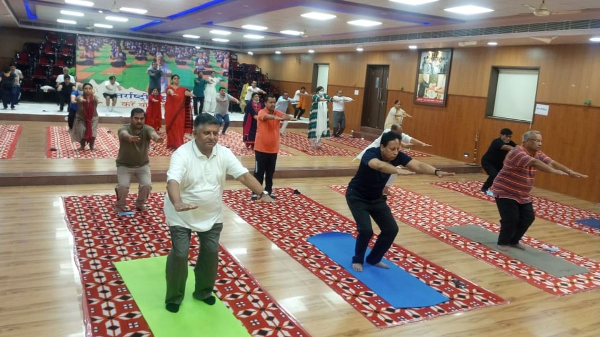 Union Minister Ravi Shankar Prasad also participated in the yoga day celebrations in Patna. Credit: Twitter/@rsprasad